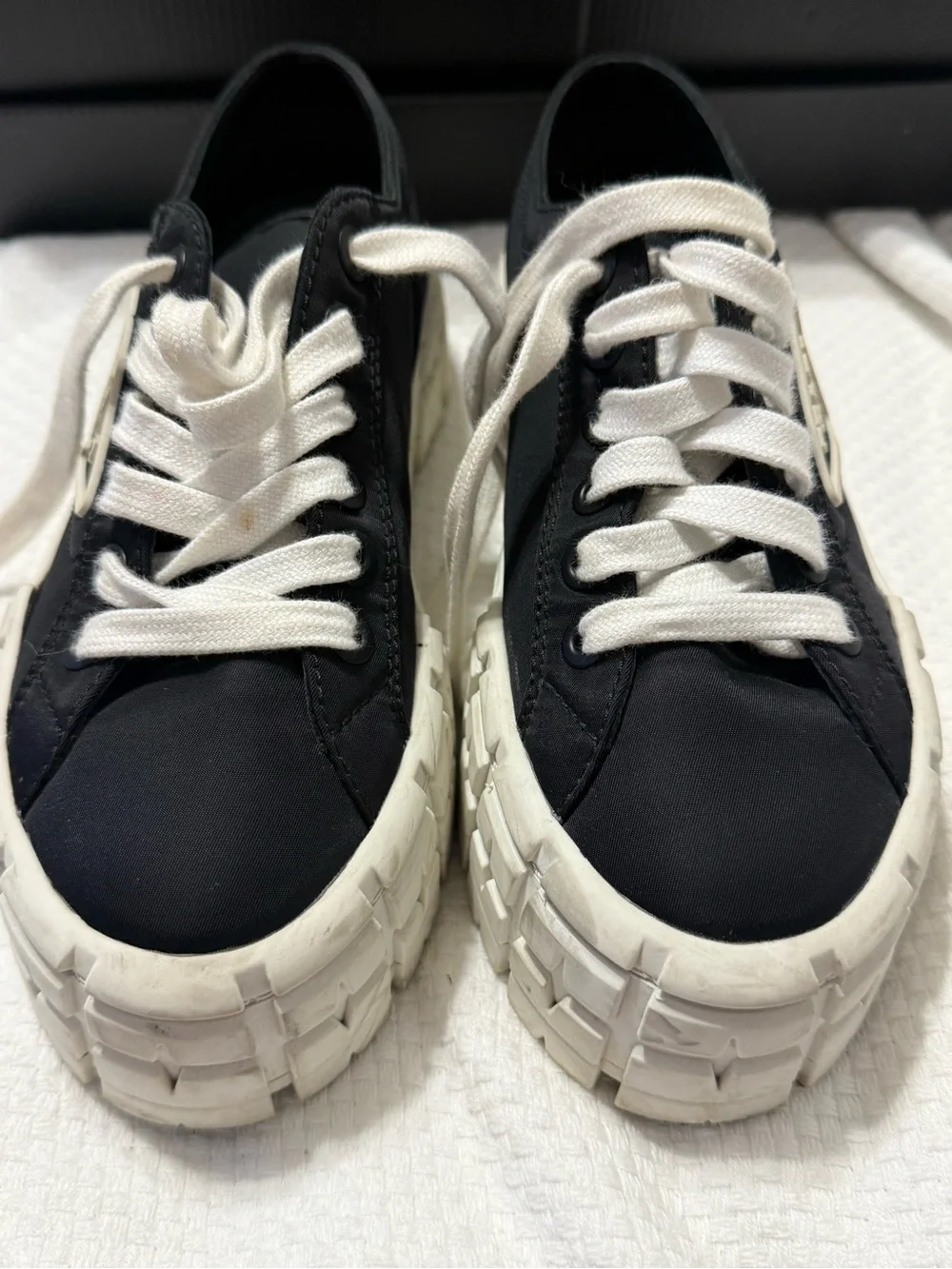 Prada Black Nylon Low-Top Sneakers with White Platform Sole